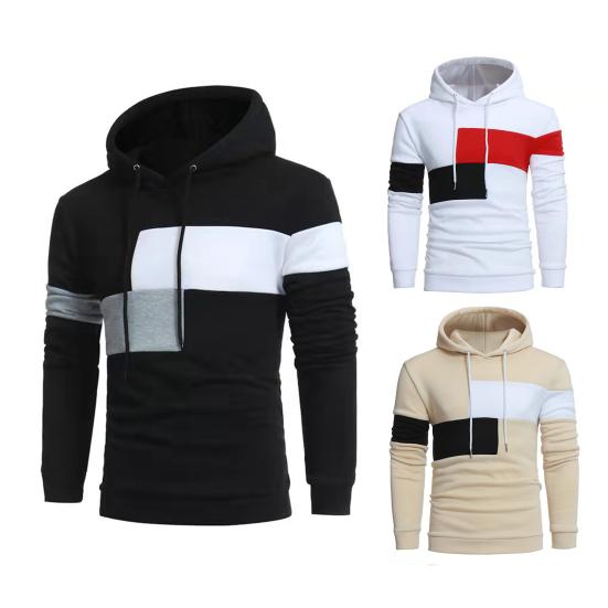Men Winter Hoodie Pullover Colorblock Long Sleeves Drawstring Hooded Keep Warm Soft Mid Length Spring Hoodie for School