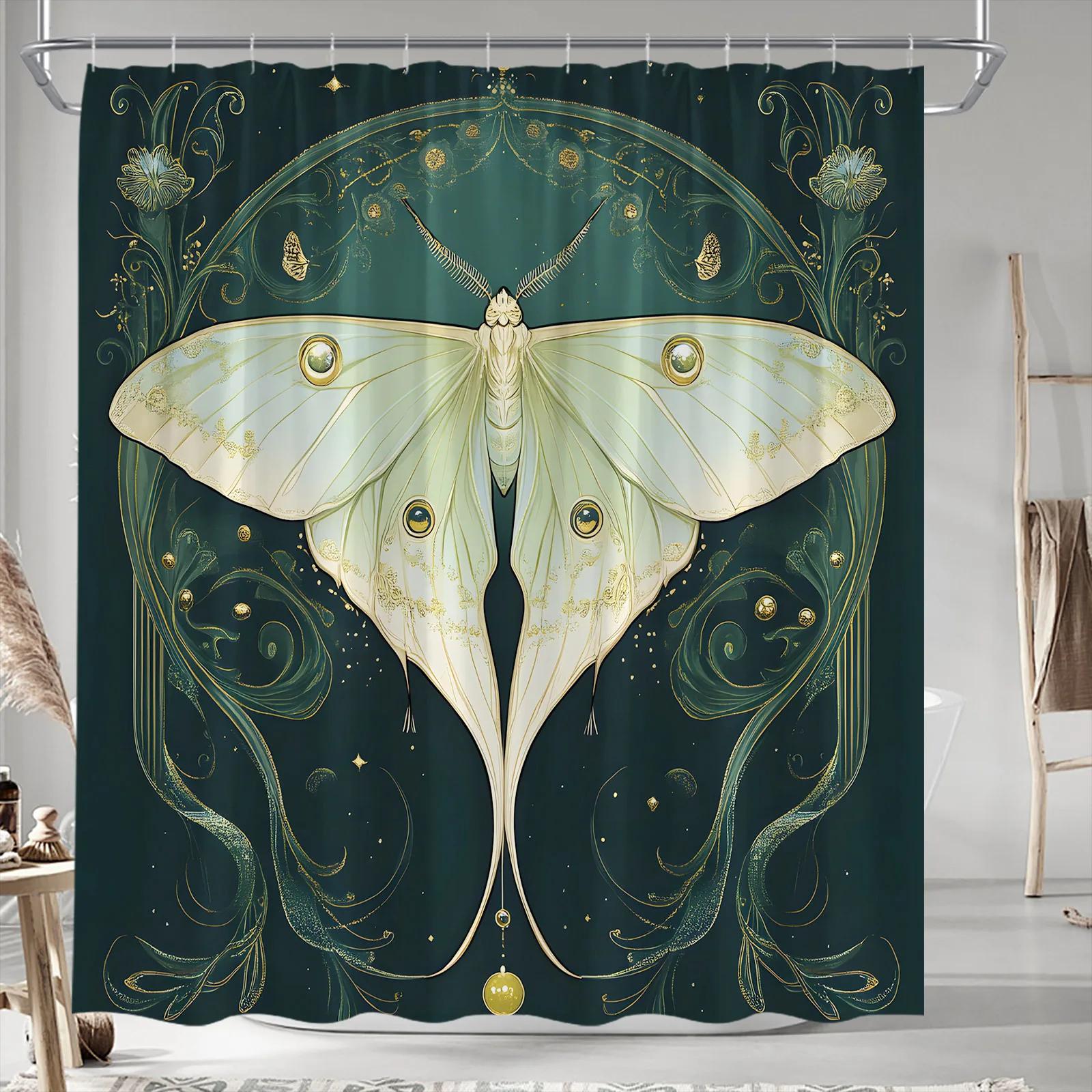 ~O~Art Nouveau Moth Shower Curtain - Light Green, Golden Patterns & Eyespots, Polyester, Machine Washable, 12 Hooks, Bath Decor W90XH180cm
