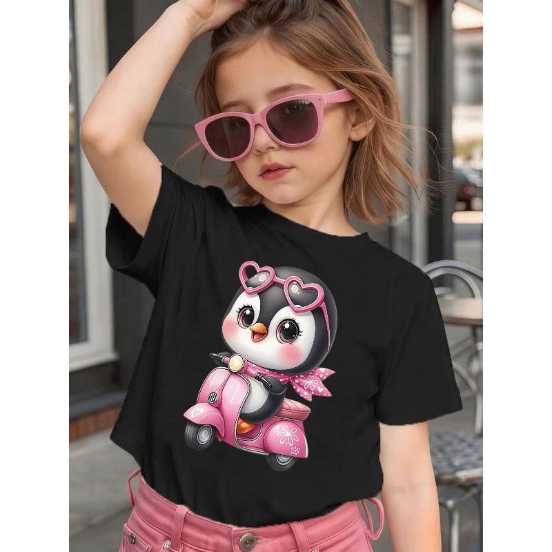 Girl Short-Sleeved Cute Cartoon Penguin Pink Skateboard Print Girl'S Summer Sweet And Fashionable T-Shirt