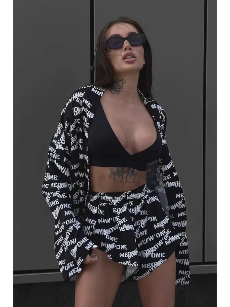 Women's Loose Long-Sleeve Print Lace-Up High Waist Shorts Suit