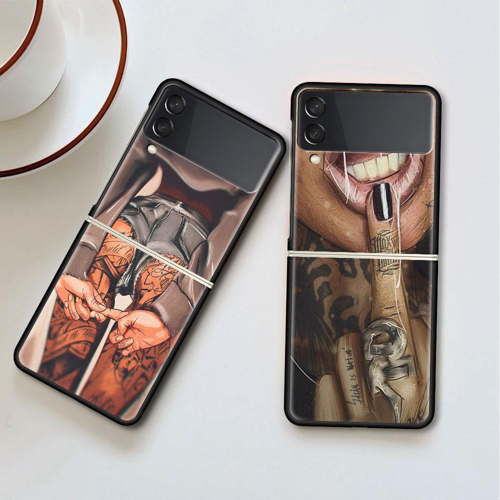 Luxury Case For Samsung Galaxy Z Flip 4 3 5G Black PC Hard Phone Cases Fashion Back Cover ZFlip Funda Sexy Tattoo Girl Shell Sac