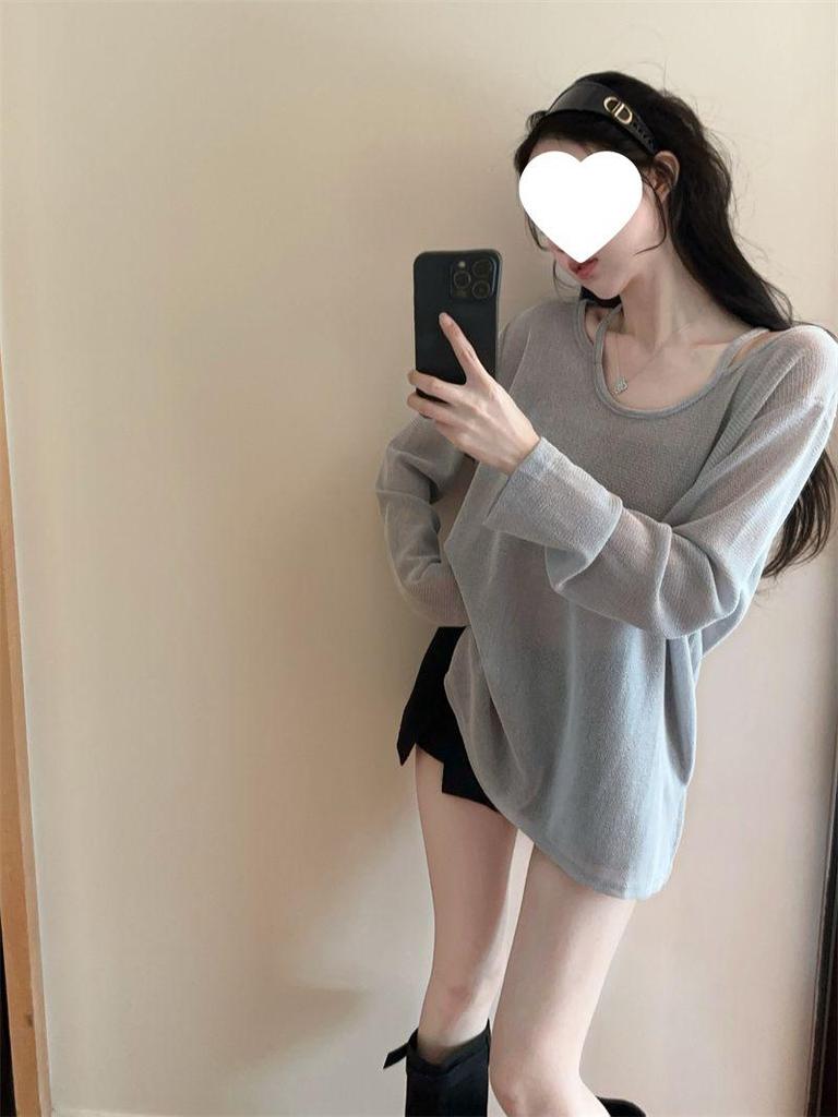 Korean Style Ice Silk Long Sleeve Slit Cover-Up T-Shirt Top for Summer