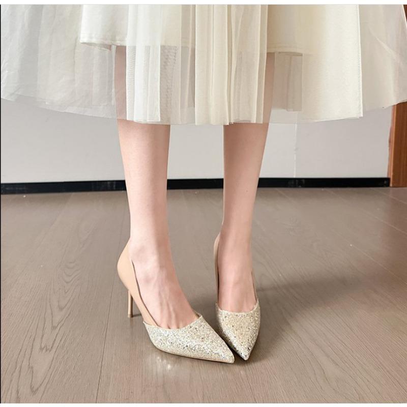 Fashion 2025Glitter pointy high-heeled pumps with slim heels fashion single shoes to match the party shoes