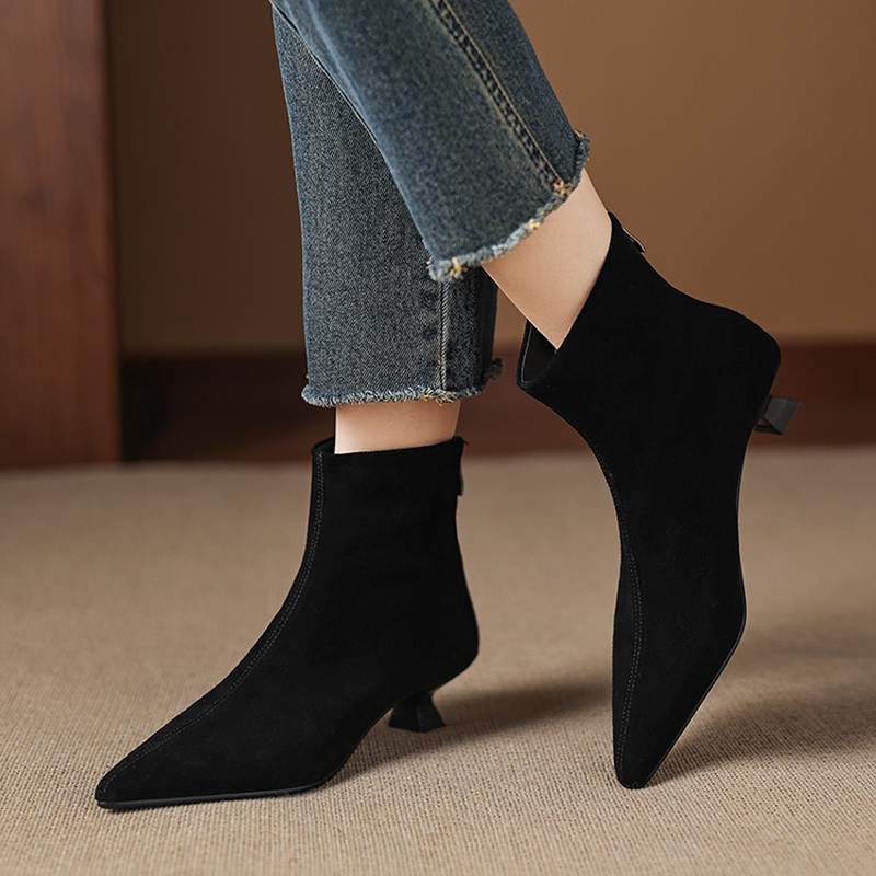 Krazing Pot Cow Suede Nubuck Winter Pointed Toe Preppy Style Stiletto Thin Med Heels Women Zip Women Ankle Boots