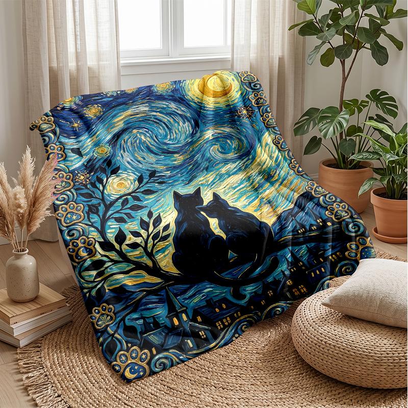 Starry Night Cat Theme blanket Lightweight Warm Flannel Blanket Decorative Throw Blanket for Home Decoration