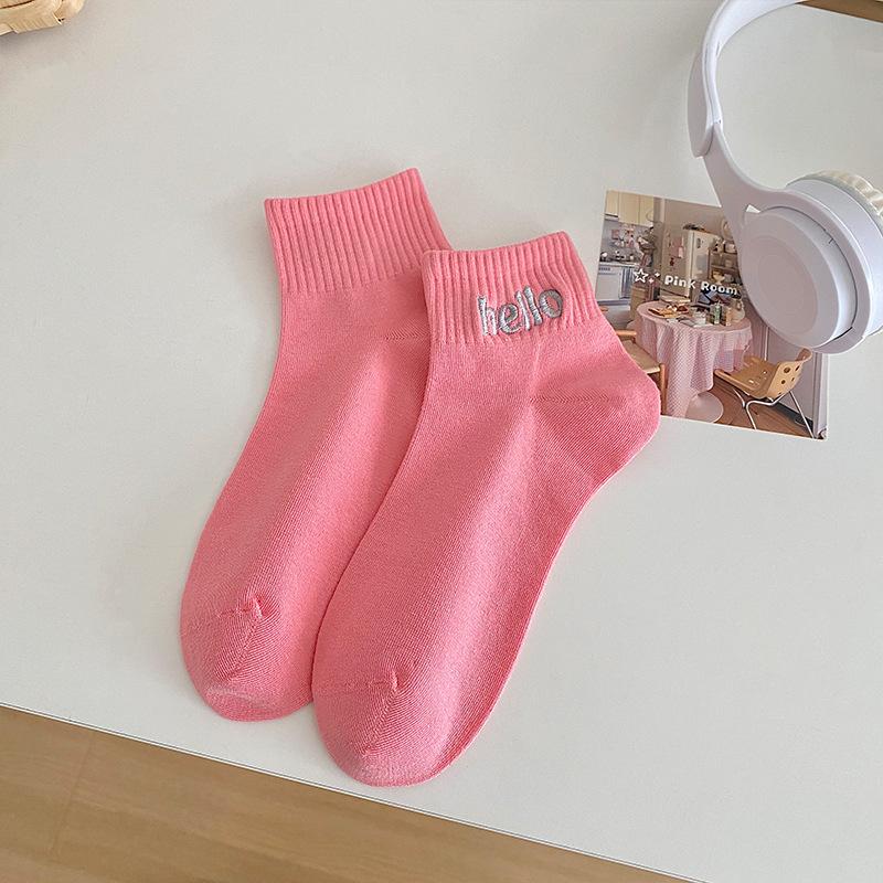 Women's Spring and Summer Embroidered Letter Solid Color Cotton Sweet and Versatile Short Socks