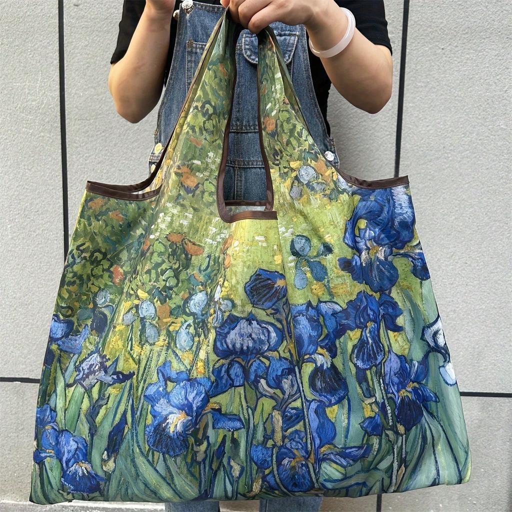 Chic Oil Painting Design Reusable Tote Bag - Durable, Foldable & Washable Nylon Shopping Bag With Large Capacity