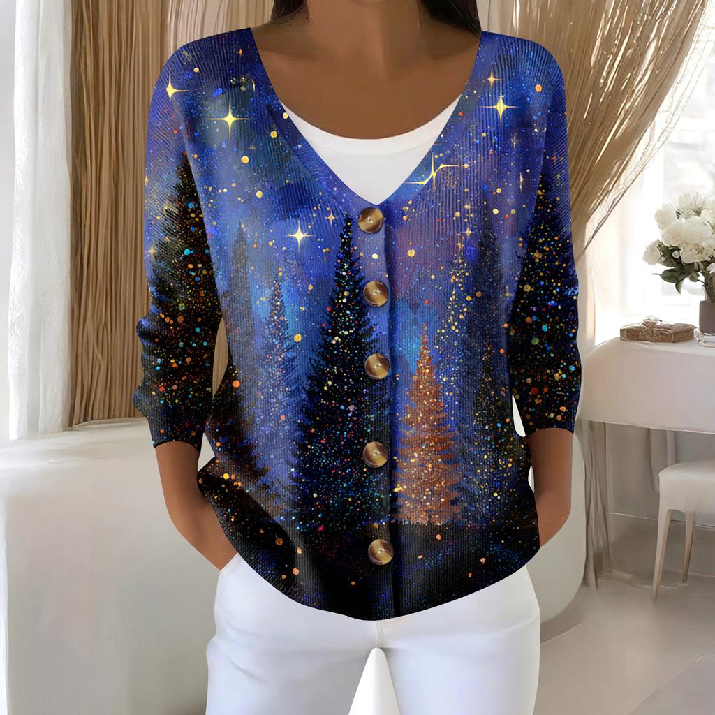 Women's Fashion Long Sleeve Christmas Snowman Snowflake Print Jacket Cardigan