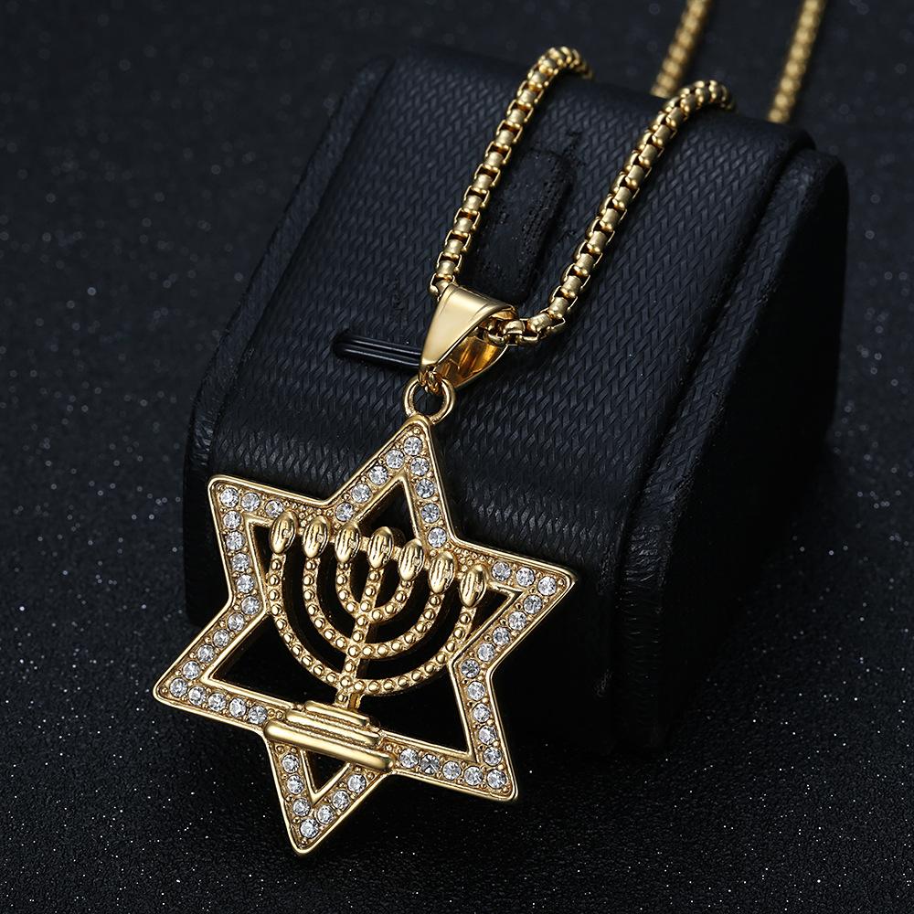 Middle Eastern Hip-Hop New Style Titanium Steel Gold-Plated Diamond-Studded Star of David Pendant Men's Hexagram Necklace