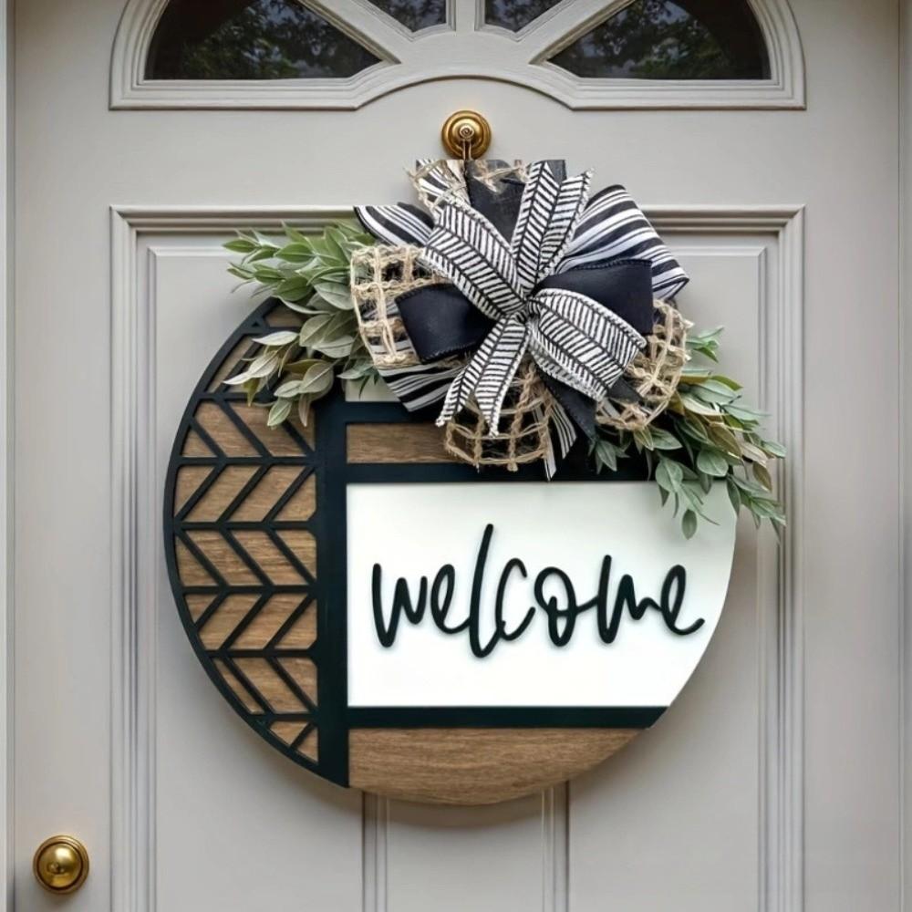 Artificial Plant Welcome Sign Wooden Wall Art Gifts Door Wreath Front Door