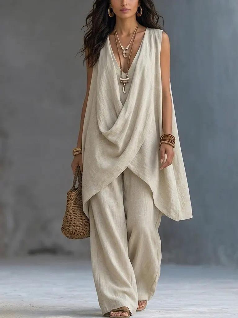 2026 spring and summer cross-border new Amazon women's sleeveless stand-up collar solid color temperament loose cotton and linen fashion style suit