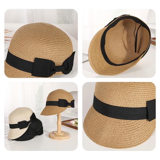 Chapeau de paille Large Ruban Noir Nœud Dôme Visière Plate Casquette de Baseball Léger Respirant Chapeau Protection Solaire