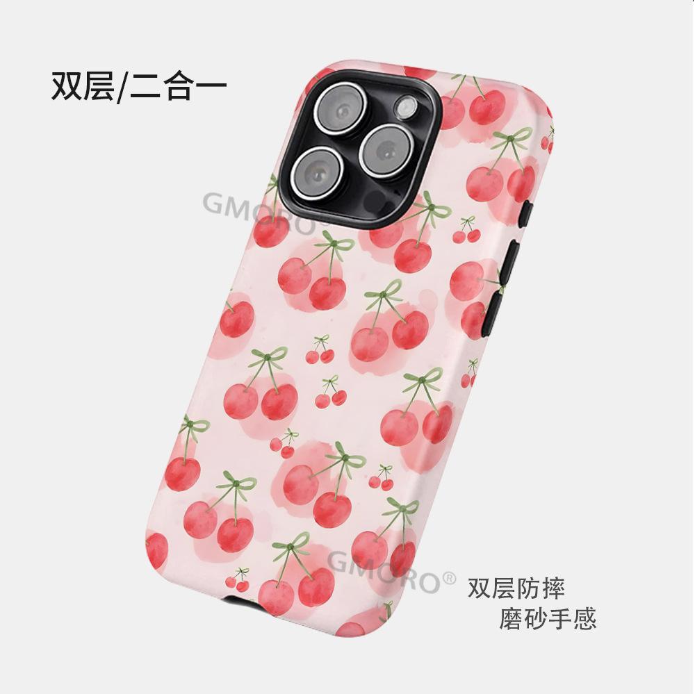 Explosive fresh and sweet cherry with magnetic suction iPhone16promax mobile phone case double-layer anti-drop protective case