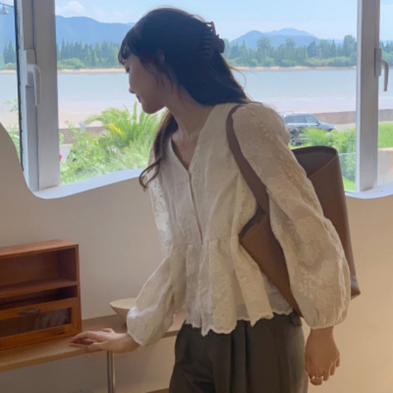 V-neck Summer Lace Shirt Korean Fashion Sweet Women's Long Sleeve Blouse Spring Flower Loose Tops Solid Casual Simple Office Elegant Fashion Clothing