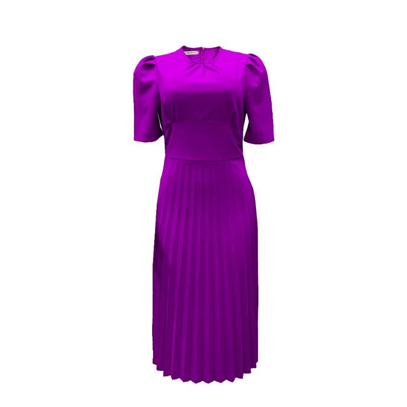 Summer new short-sleeved pleated solid color large-size dress