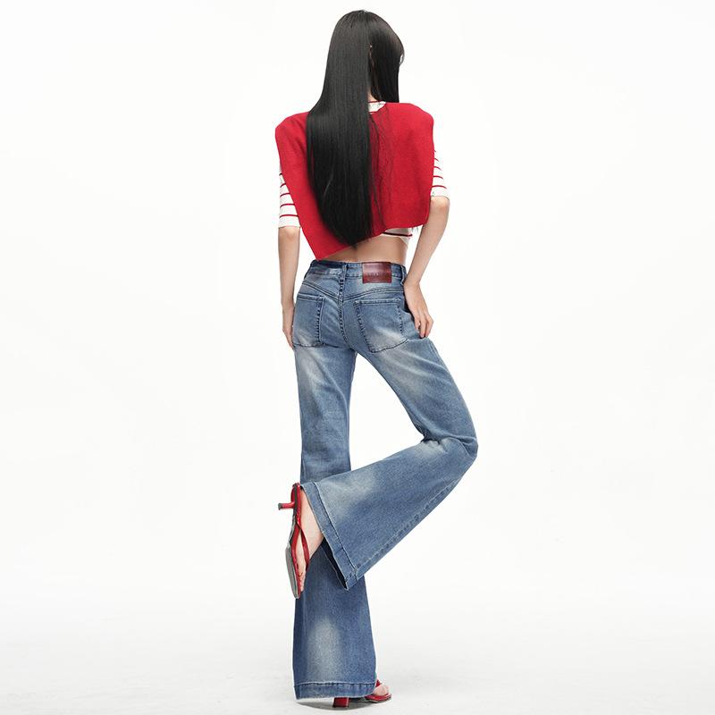 American blue low-rise slightly pulled jeans women's spring and summer new slim-fitting and thin straight-leg flared pants pants main push