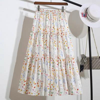 DIMANAF 2025 New Summer Spring Women New Skirts Flower Loose Elastic Waist Pleated Elegant Long Skirts