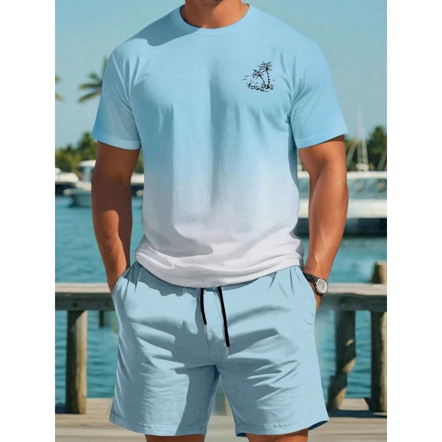 Farbverlauf Kurzarm-T-Shirt und Shorts Set Mode Hawaiianischer Urlaub T-Shirt Shorts mit Kordelzug 2-teiliges Set Herrenbekleidung