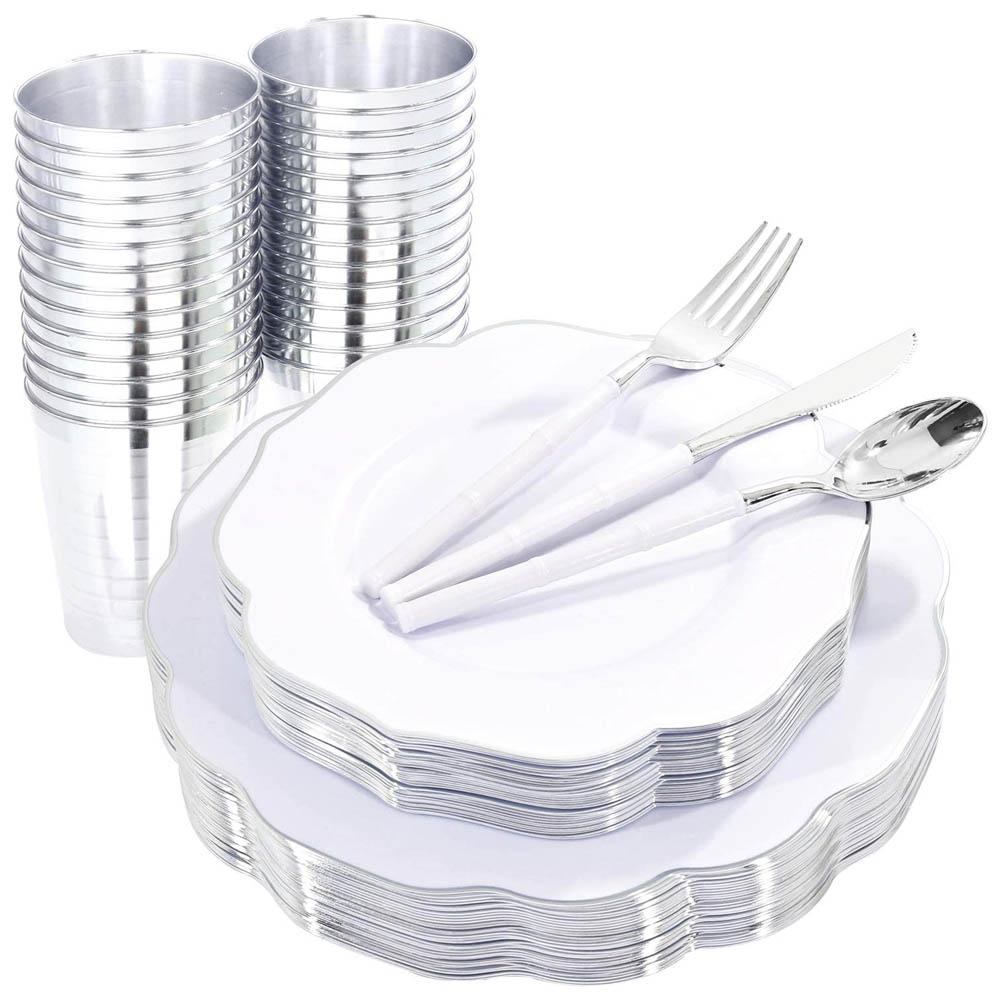 Set Combinat Tacâmuri de Unică Folosință pentru 10 Persoane 60 buc Farfurie de Cină din Plastic cu Dantelă Bronzată, Cupă, Tacâmuri Argintii, Consumabile pentru Petrecere de Zi de Naștere, Nuntă