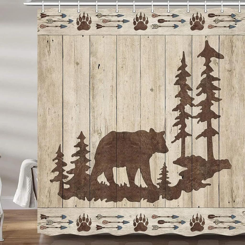 Bear Shower Curtains for Bathroom Wild Animals Rustic Cabin Forest Bear Print Wooden Board Cloth Bath Curtain Set Bathroom Decor