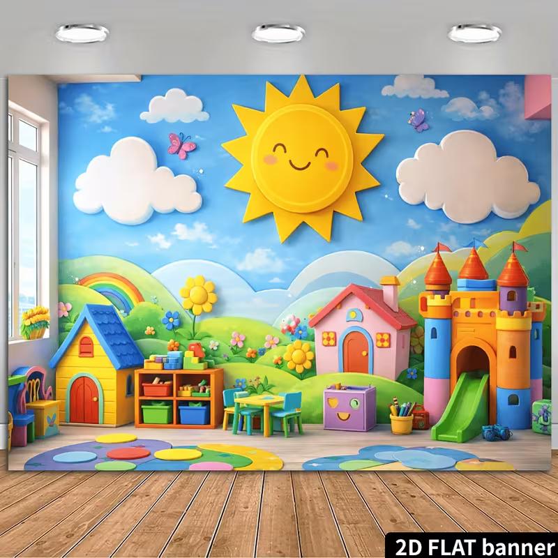 

2D Bright Playground Backdrop, Happy Sun & Clouds Photography Banner 47.2x31.5inch/120*80cm