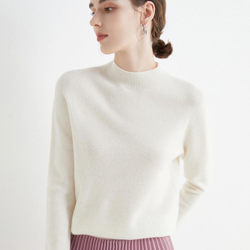 Damen Nahtloser 100% Wollpullover Langarm mit Halbhohem Kragen für Herbst/Winter