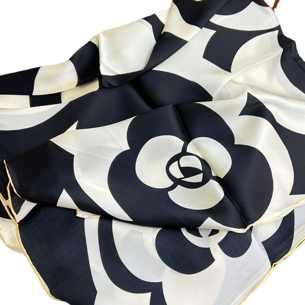 Black And White Camellia Silk Scarf Mulberry Silk Silk Satin Scarf Small Fragrant Style Large Square Scarf Sun Protection Shawl Women