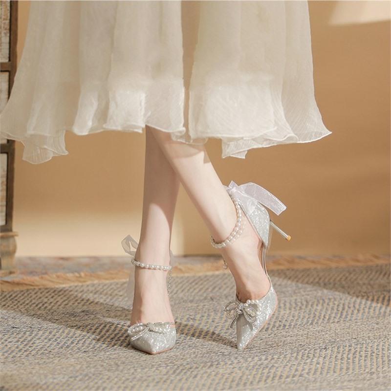 High heels women's 2025 summer new pointed head shallow mouth thin heel bow wedding shoes ribbon pearl chain hollow sandals