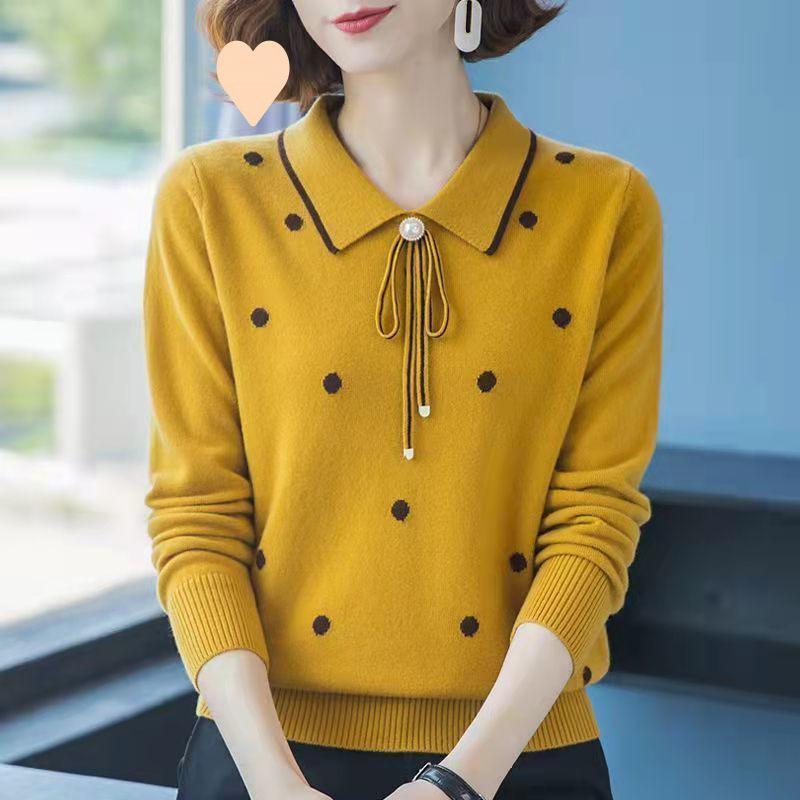 Elegant Mom Autumn Knit Sweater Middle Age Women Turn Down Collar Pullover Versatile Base Layer Top