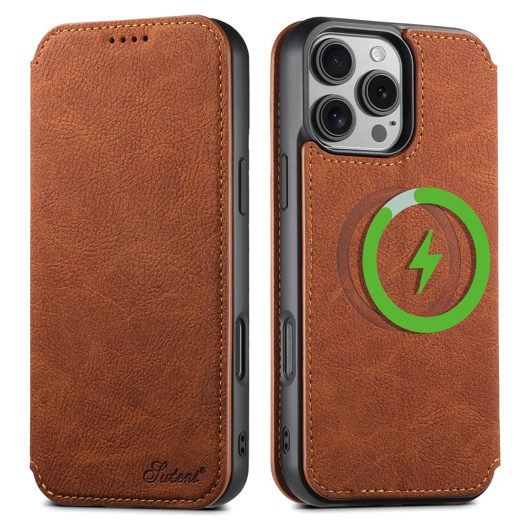 SUTENI J06 For iPhone 16 Pro Case Litchi Texture Leather Wallet Phone Shell Compatible with MagSafe