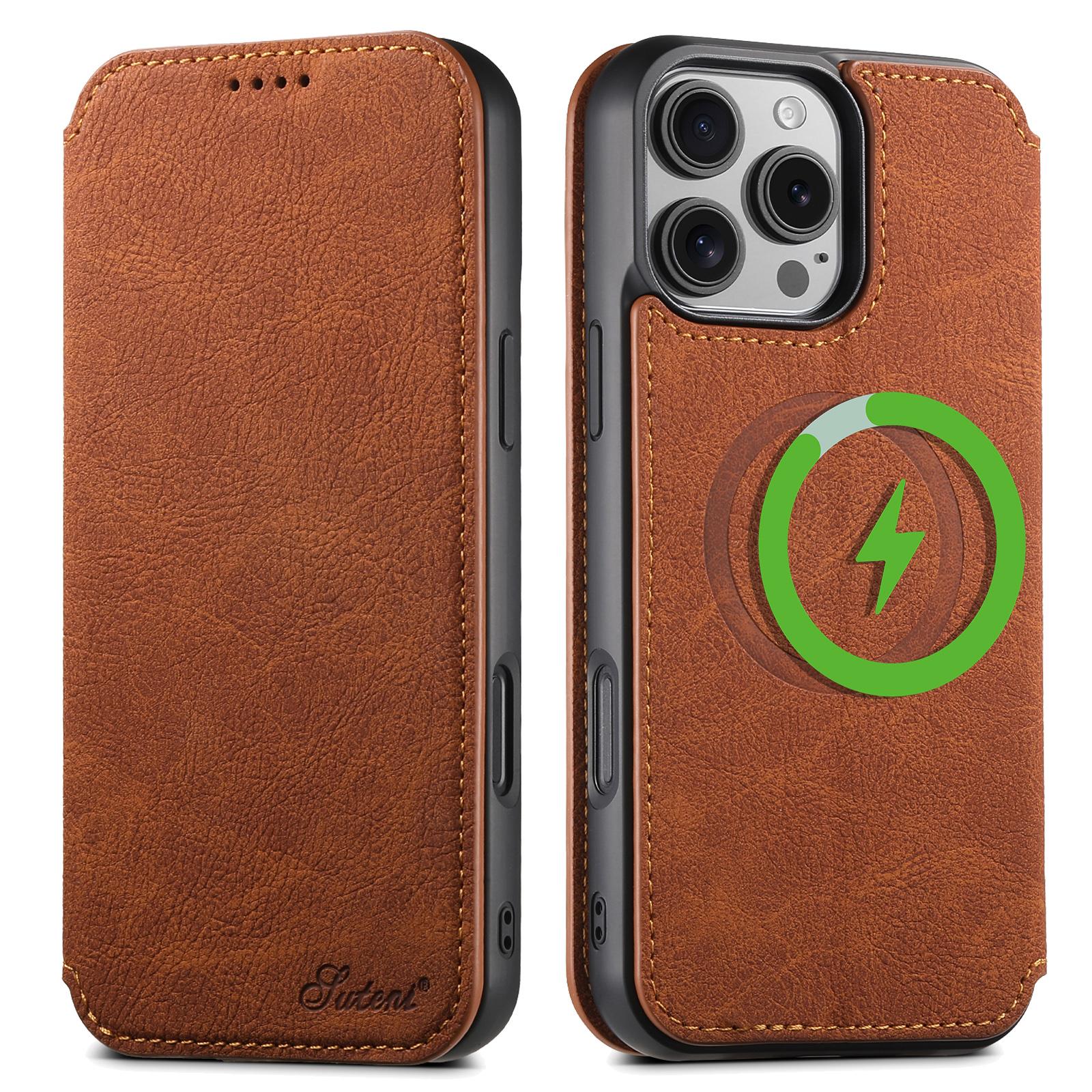 

SUTENI J06 For iPhone 16 Pro Max Case Litchi Texture Leather Wallet Phone Shell Compatible with MagSafe Khaki