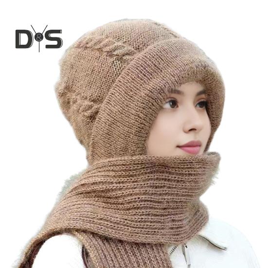 Pălărie de iarnă pentru femei cu eșarfă lungă integrată, groasă, tricotată, rezistentă la vânt, elasticitate ridicată, protecție completă, pentru călătorii în aer liber, șapcă vreme rece