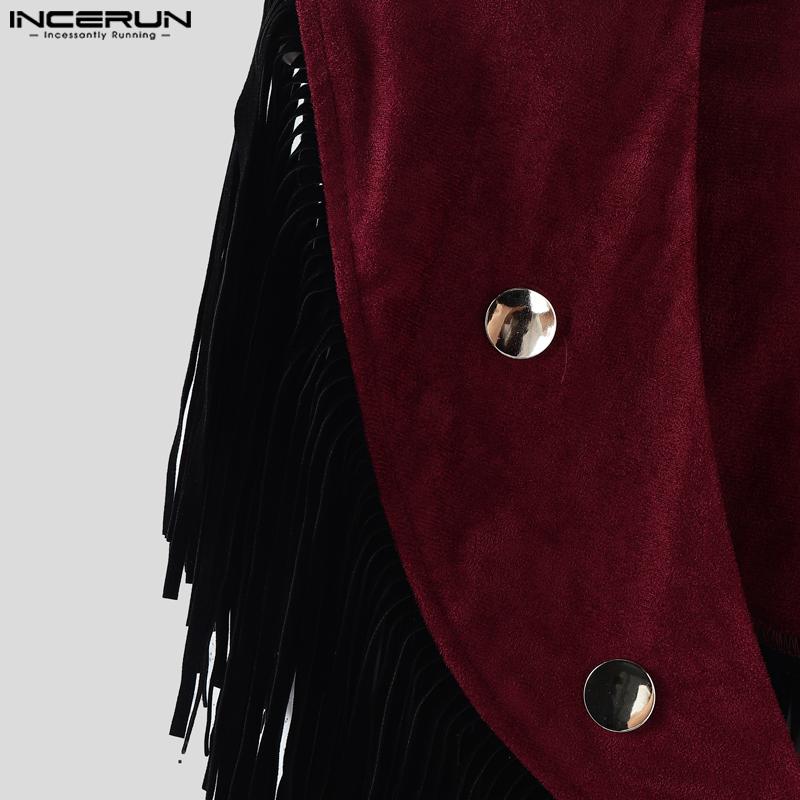 INCERUN Men Low Cut Neck Stitching Tassel Fashion Cropped Cloaks Tops