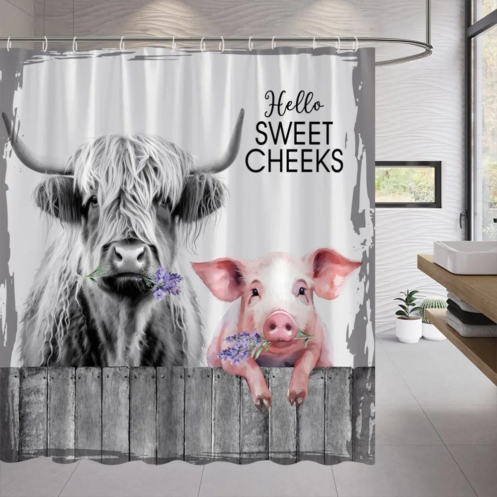 Funny Farm Cow Shower Curtain Rustic Wooden Door Highland Cow Wooden Panel Lavender Flower Cloth Hanging Curtains Bathroom Decor