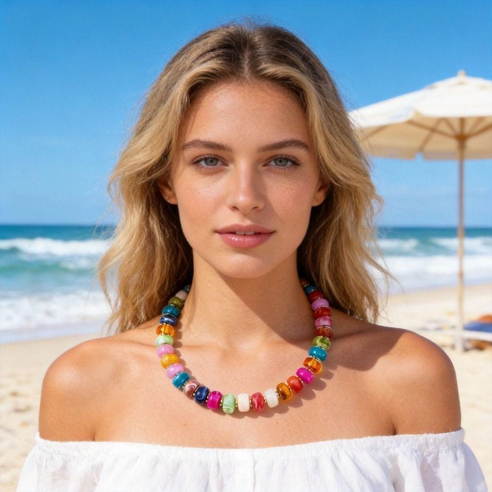 Candy Color Women Choker Large Clavicle Chain Aesthetic Beaded Necklace Jewelry Gift