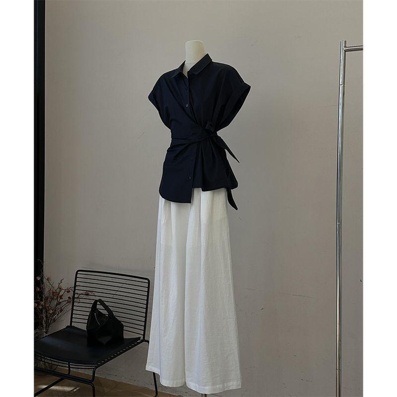 

Women s 2026 Slim-Fit Waist-Cinched Shirt & Casual Pants Two-Piece Set L (for 105-115 lbs)