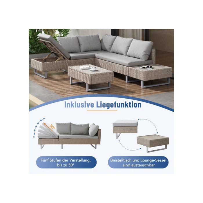 Garden Lounge Set for 4-5 People with Corner Sofa, Washable Fabric Cover, Khaki Color