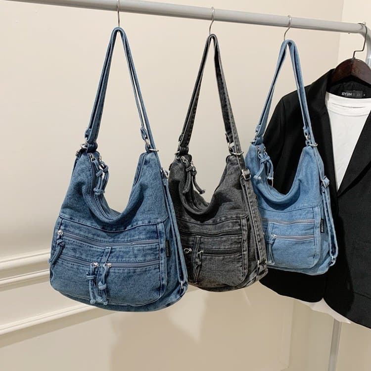 Vintage gewaschene Denim-Tragetasche Schulter-Umhängetasche Damen-Tasche