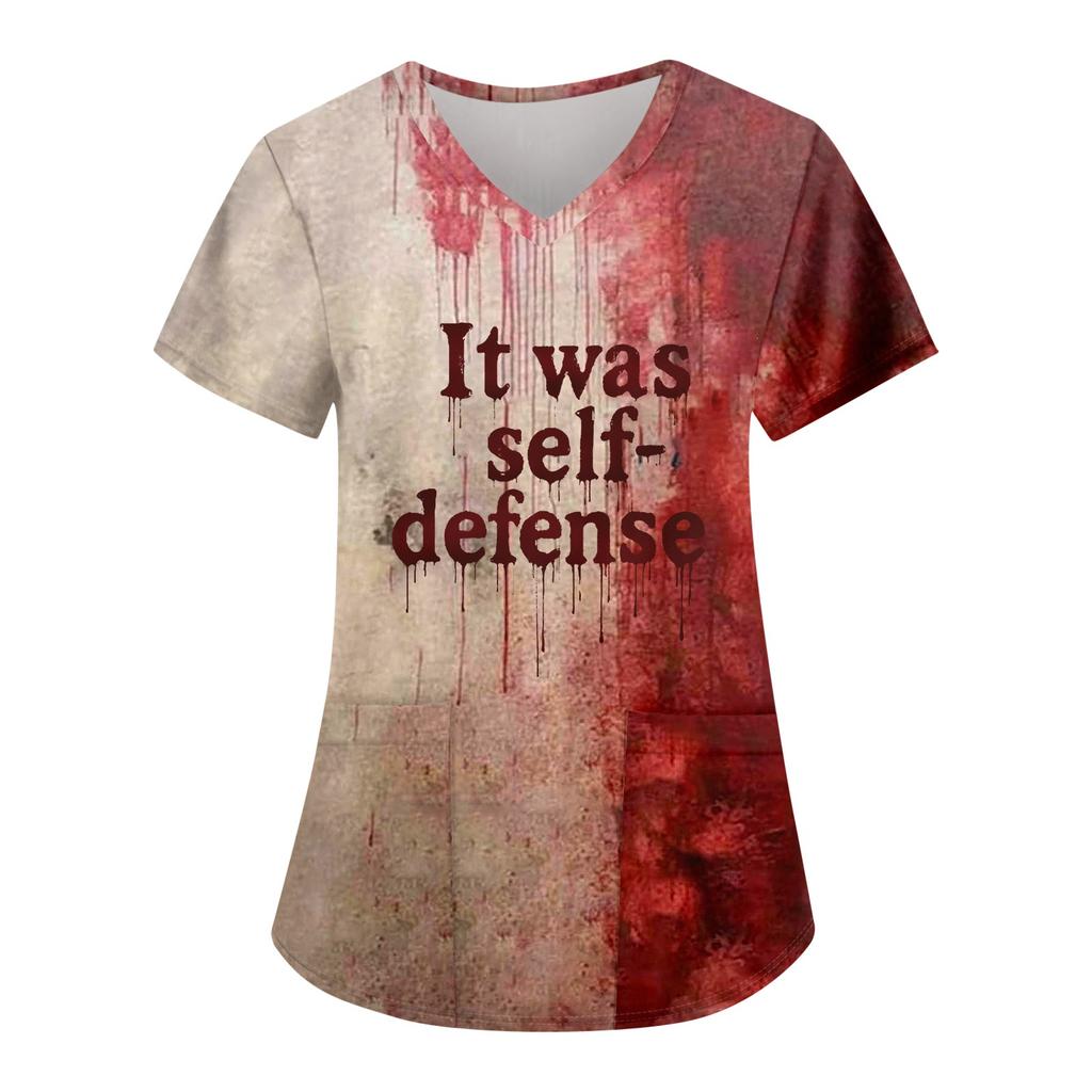 Women's Fashion Casual Halloween Printed Pocket T-shirt Tops