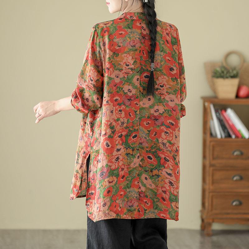 QICED Cotton and Linen Printed Shirt Women's Loose Top Retro Mid-length Linen Coat Spring Autumn