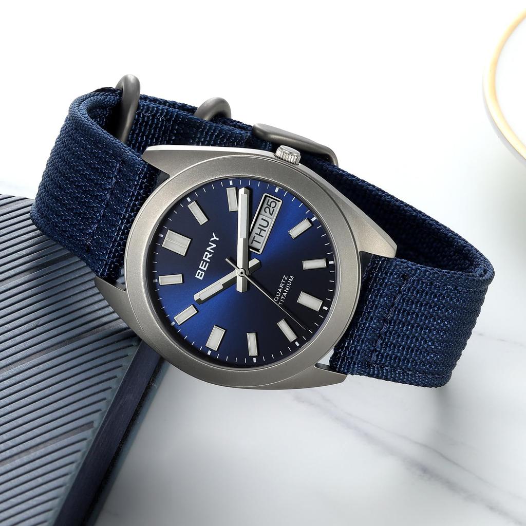 BERNY Men's Titanium Analog Quartz Watch, Japanese VJ53 Movement, 10 ATM Waterproof, Sapphire Glass, Super Luminous, Calendar, Blue Dial