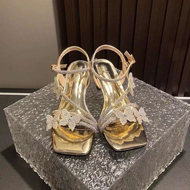 Rhinestone French Summer Sandals Women's 2025 New Summer Wear Exquisite High-end Feeling Not Tired, Middle Heel High Heels