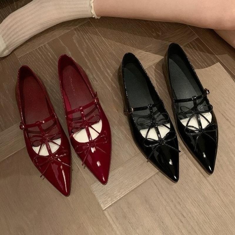 2025 T-strap Pointed Toe Flats Shoes Women Bowtie Buckle Strap PU Leather Elegant Red Mary Janes Shoes Ladies Party Black Pumps