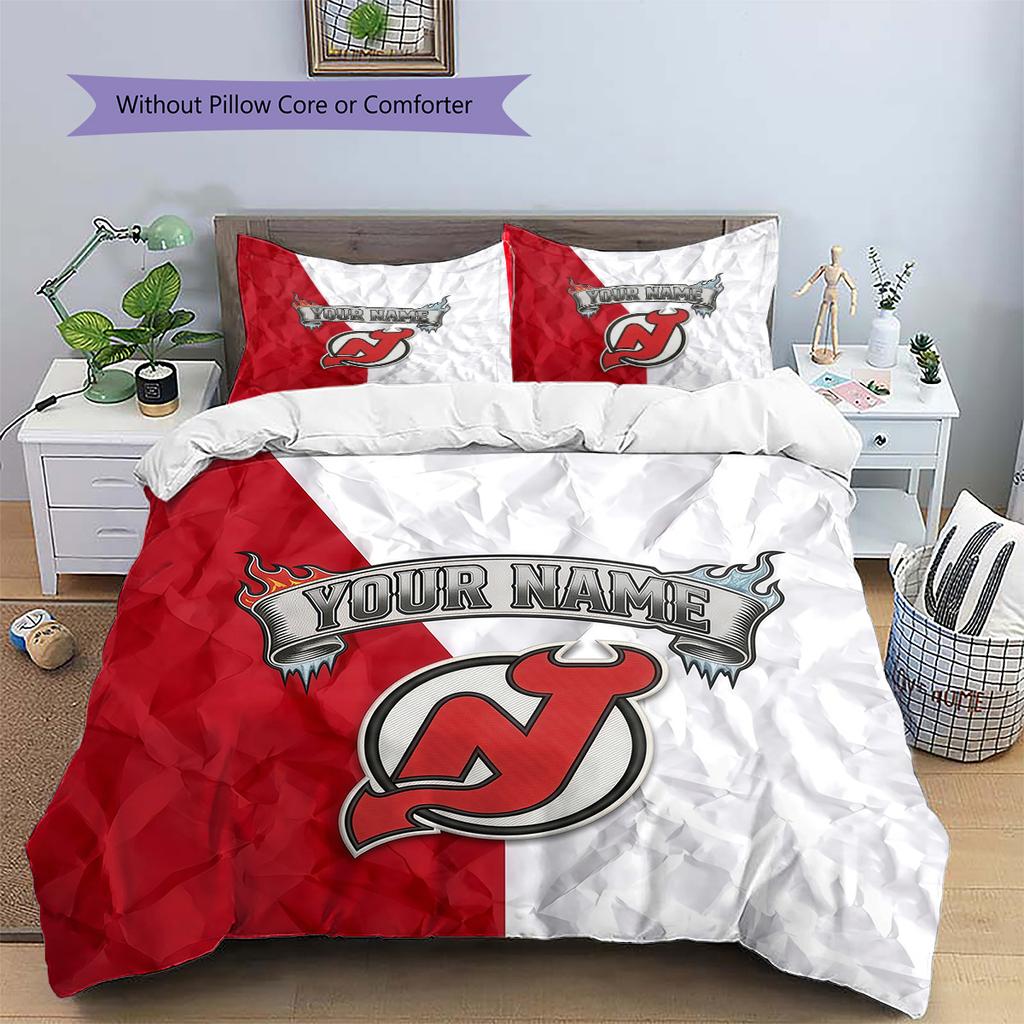 Custom Name New Jersey Devils Pattern Bedding Quilt Set Home Decoration Gift (1 * duvet cover + 2 * pillowcase without core)