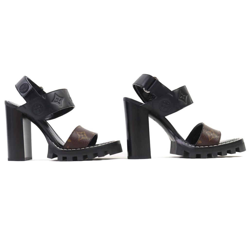 Excellent LOUIS VUITTON Sandals Star trail line Black brown Monogram canvas Women 36.5 Used