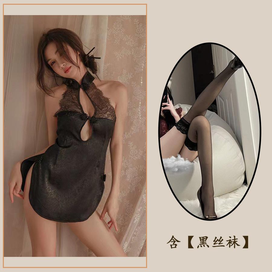 Sex Underwear Retro Sexy Printed Pajamas High Neck Temptation Side Split Nightdress Cheongsam Temptation Hollow Woman