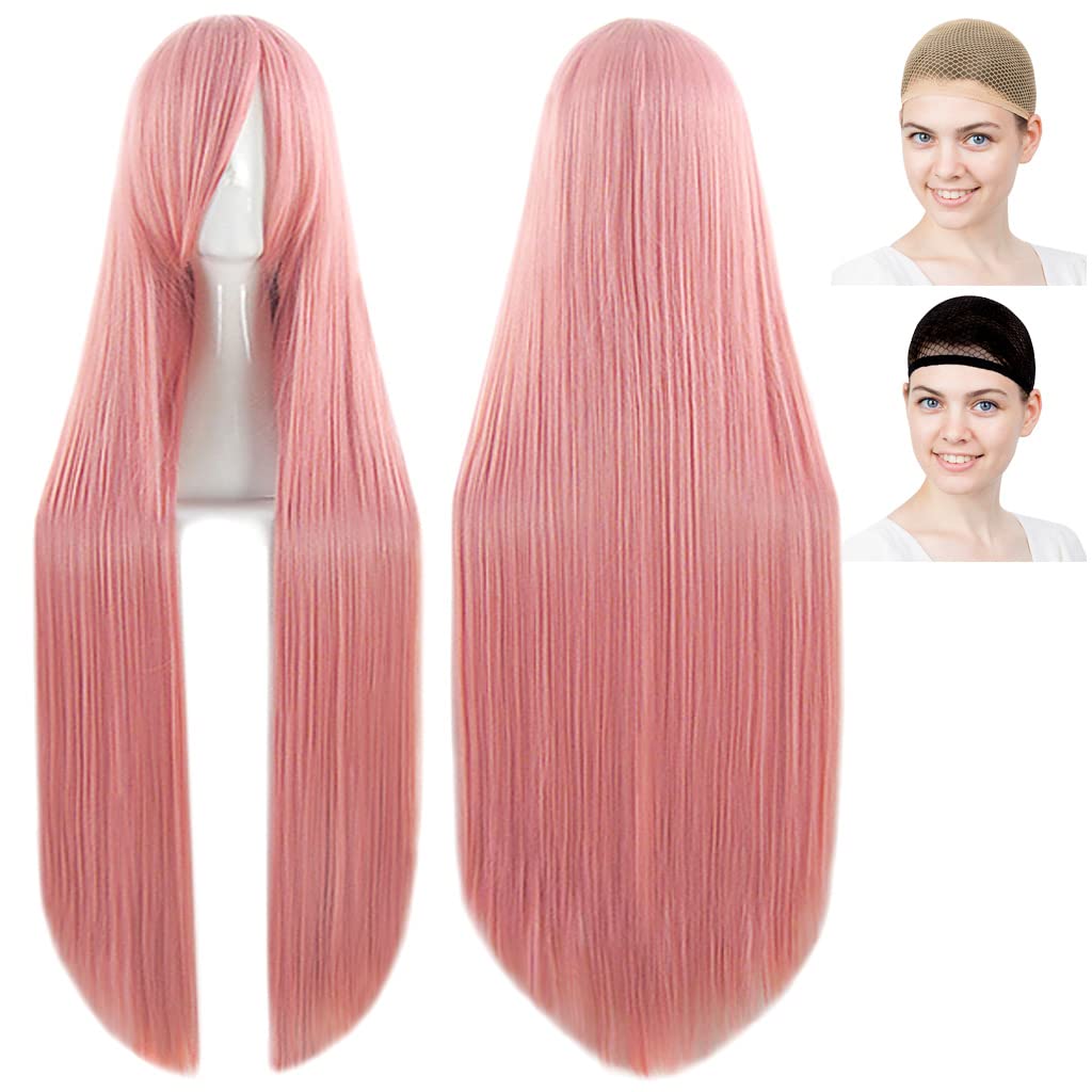 CaseEden Cosplay Wig, Long, 100cm, Heat-Resistant, Pink, Muted Pink, Includes 2 Wig Nets