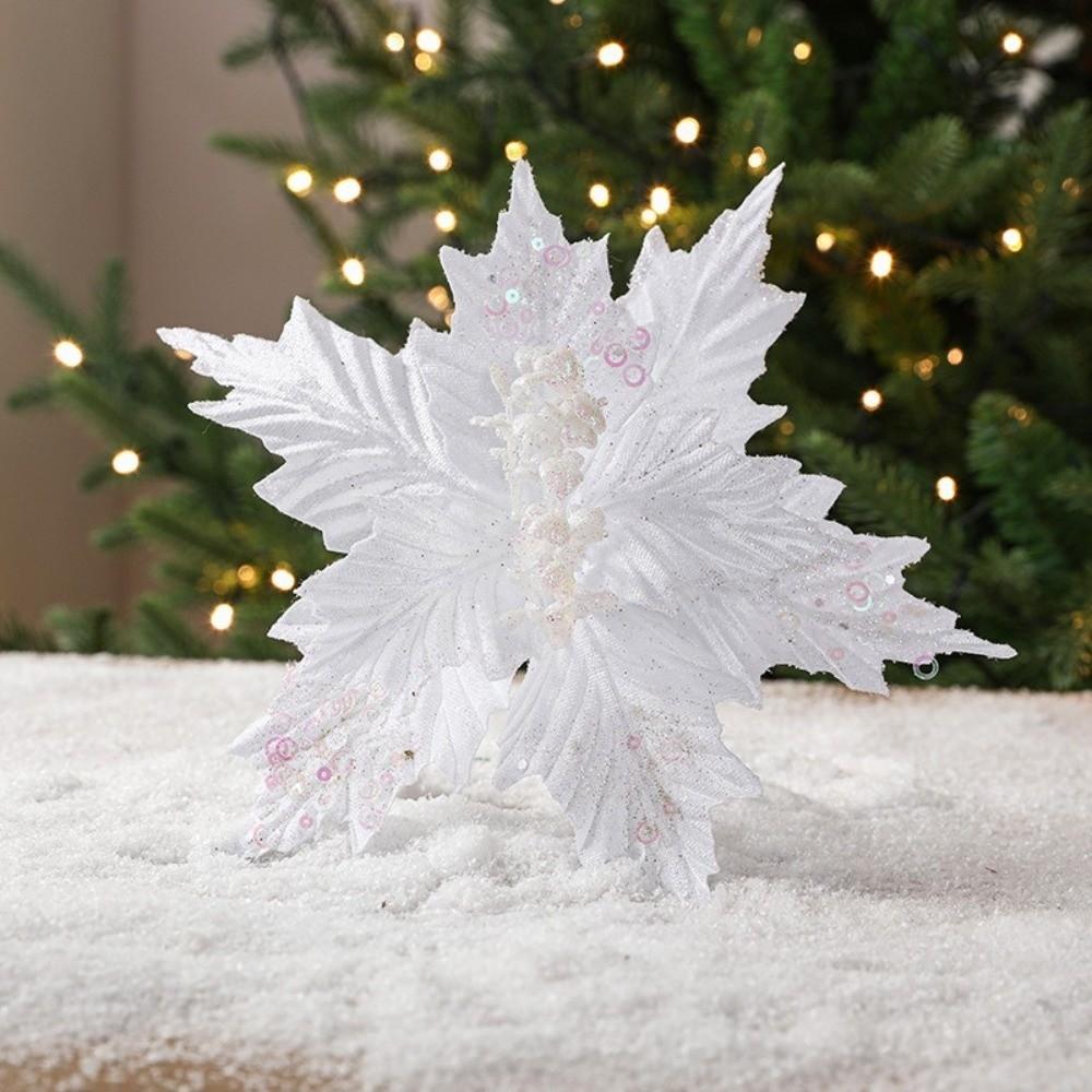 New 26CM Artificial Poinsettia Flower Sequins Sparkling Simulation Flowers Glitter Sequins Flower Christmas Tree Accessory
