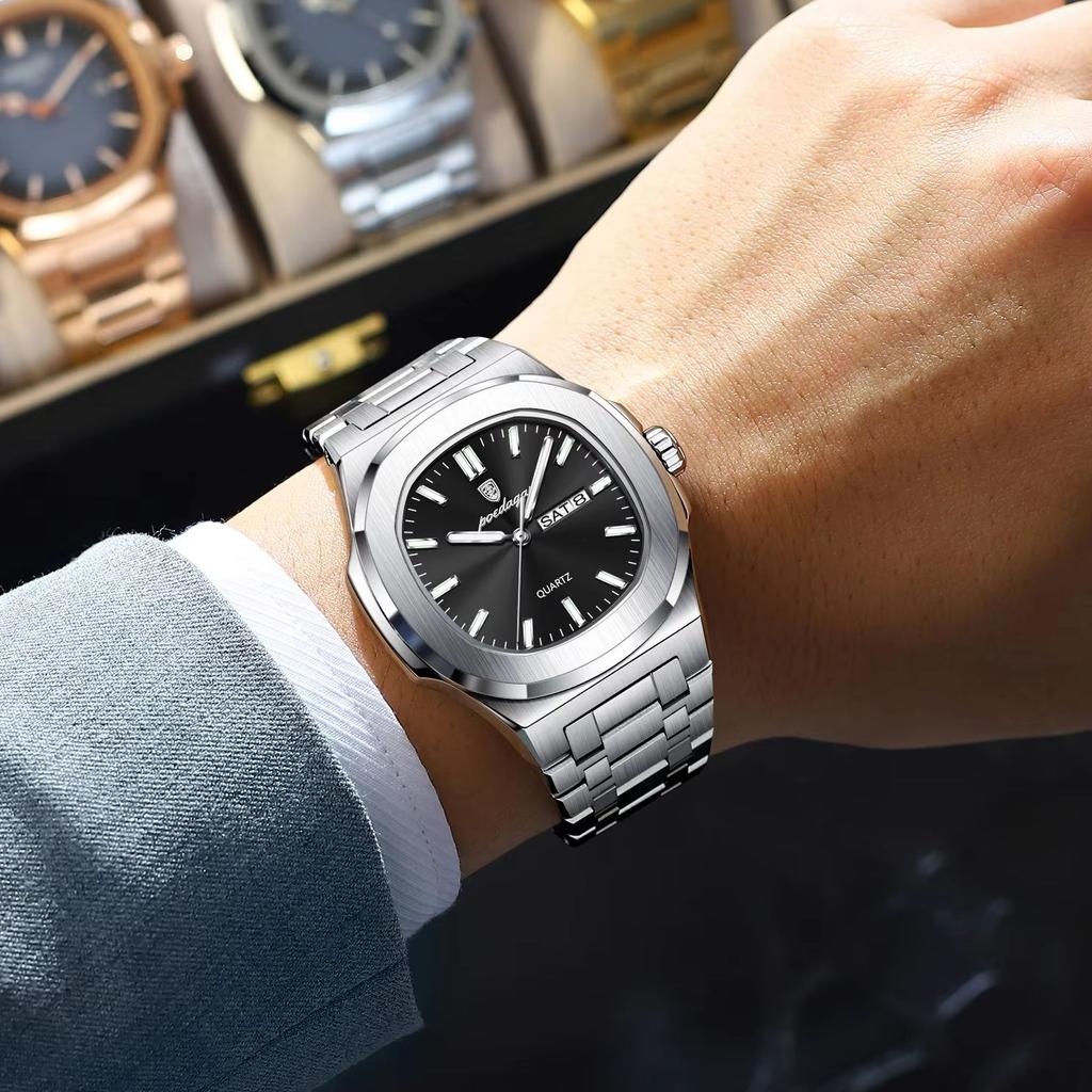 POEDAGAR Luxury Casual Men's Clock Waterproof Luminous Date Week Men Watch Stainless Steel Quartz Business Watches For Man Reloj