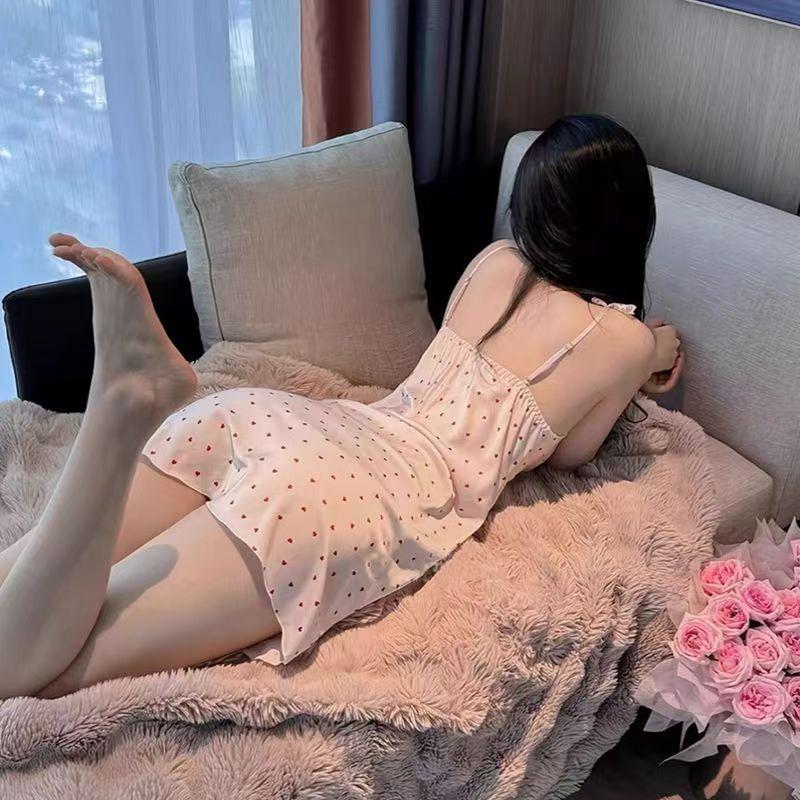 Summer sexy pajamas women's ice silk suspender nightdress lace lace sweet short skirt with chest pad loungewear